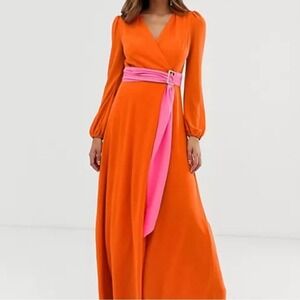 TFNC London Leya Maxi Dress – Orange & Pink Colorblock V-Neck Gown – NWT Size 8